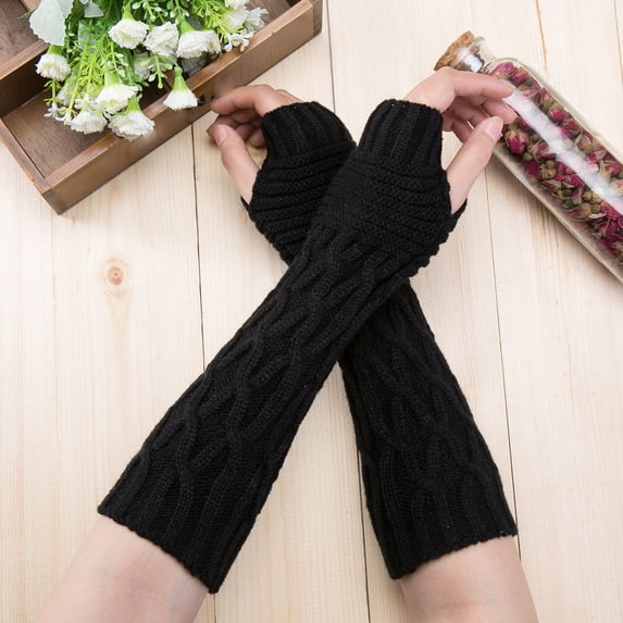 PMVFHDE Long Knitted Fingerless Gloves Arm Sleeves for Men Women, Ribbed Textured Winter Gloves with Open Fingers Black,One Size
