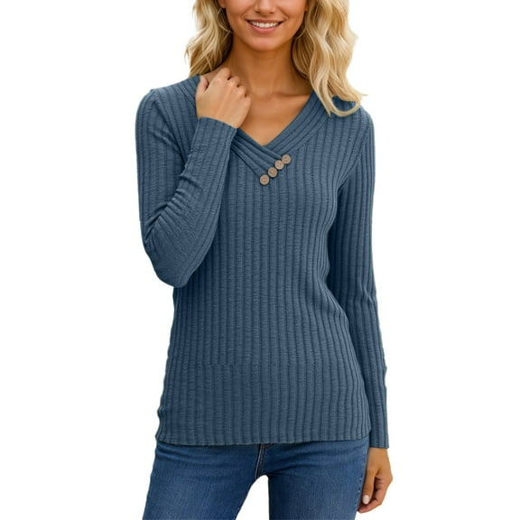 PMVFHDE Long Sleeve Ribbed Knit Pullover Sweater Soft Brushed Turtleneck Top Casual Comfortable 2025 Winter Fall Fashion V Neck womens sweater Blue，S