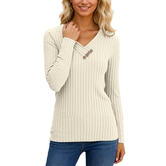 PMVFHDE Long Sleeve Ribbed Knit Pullover Sweater Soft Brushed Turtleneck Top Casual Comfortable 2025 Winter Fall Fashion V Neck womens sweater White，S
