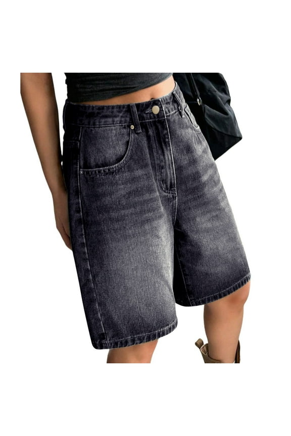 Loose Fit Denim Mid Length Shorts For Women 5 Pocket Design Classic Casual Shorts For Women Silver,M
