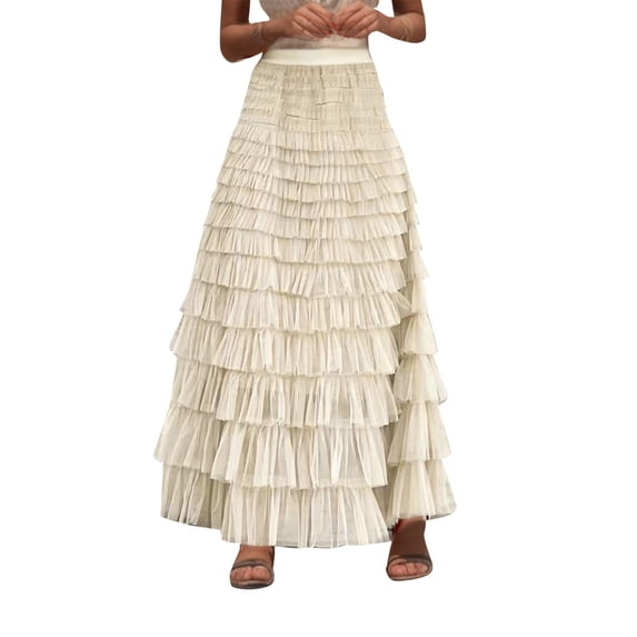 PMVFHDE Maxi Skirt Womens A Line Pleated Long Tutu 2026 Summer Ruffle Mesh Calf Length Chiffon High Waist