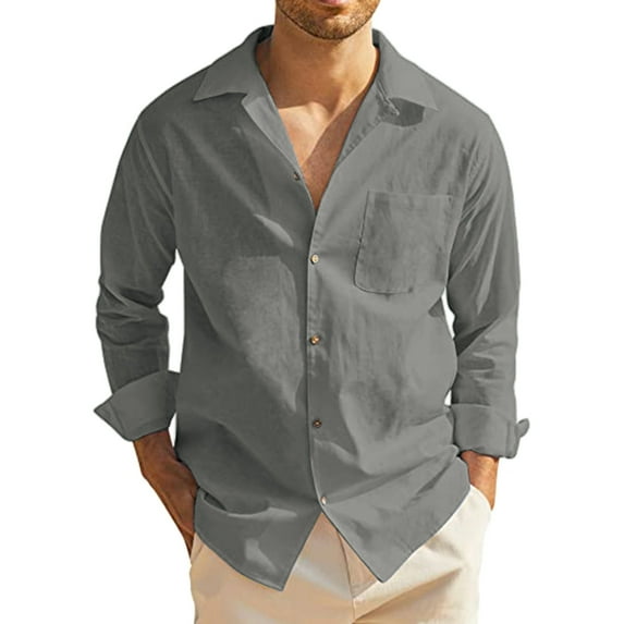 PMVFHDE Men Casual Classic Shirt Long Sleeve Solid Color Pocket Single Button Linen Top Long Sleeve Shirts Grey,M