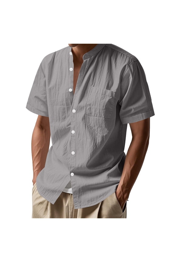 Men Casual Linen Shirt Short Sleeve Button Down Relaxed Fit Breathable Beach Outing Mens Short Sleeve Shirts Grey,XXXL