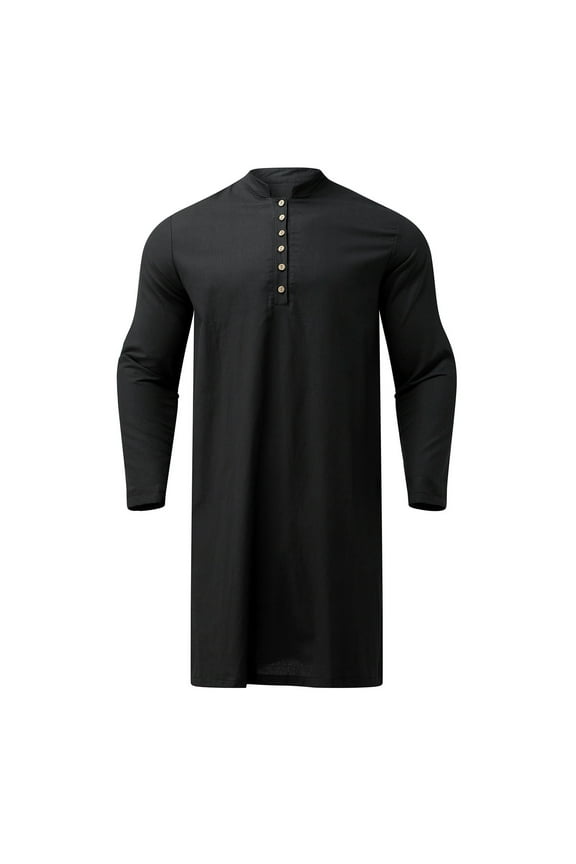 Men Ethnic Jubba Thobe Long Sleeve Button Down Stand Collar Solid Color Loose Casual Mens Shirts Black,S