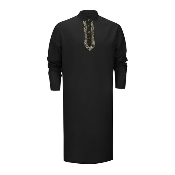 PMVFHDE Men Ethnic Long Gown Kaftan Linen Long Sleeve Robe Button Down Solid Color Embroidery Mens Dress Shirts For Casual Wear Black,XXXL