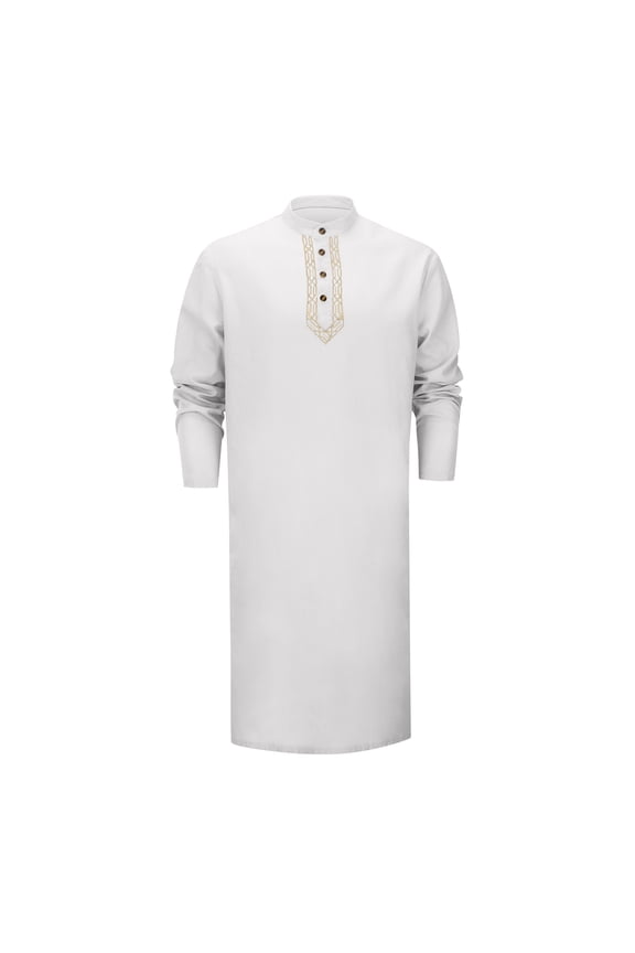 Men Ethnic Long Gown Kaftan Linen Long Sleeve Robe Button Down Solid Color Embroidery Mens Dress Shirts For Casual Wear White,XXL