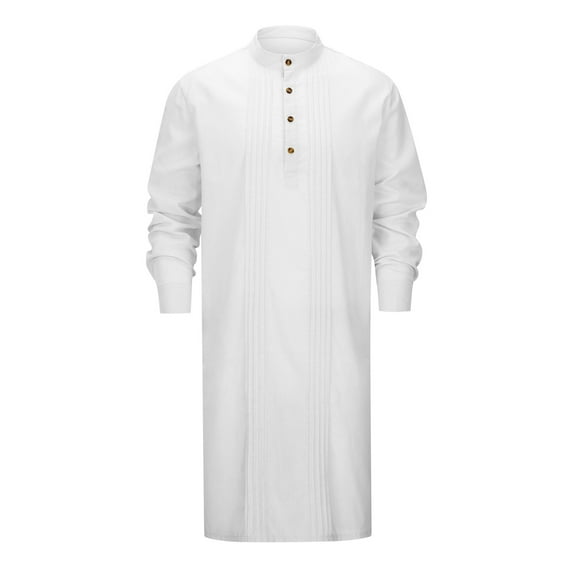 PMVFHDE Men Ethnic Long Gown Shirt Kaftan Long Sleeve Linen Button Down Casual Robe Mens Shirts White,XXL