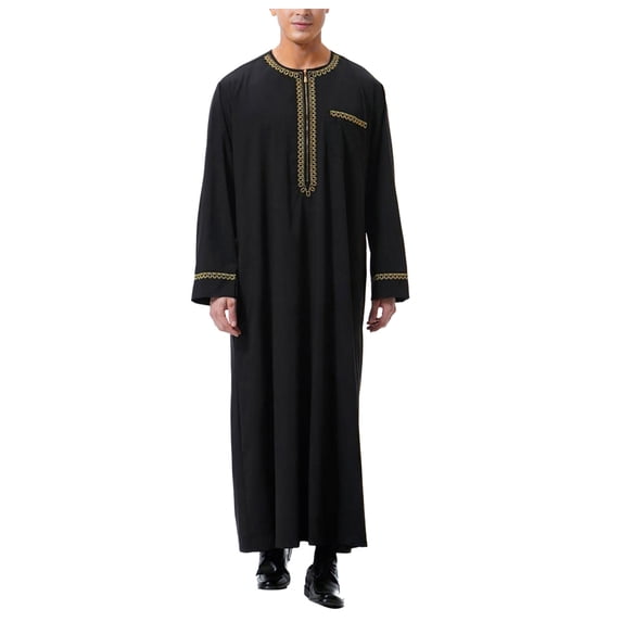 PMVFHDE Men Ethnic Prayer Clothing Long Robe Embroidered Stand Collar Pocket Long Sleeve Mens Shirts For Wear Black,XL