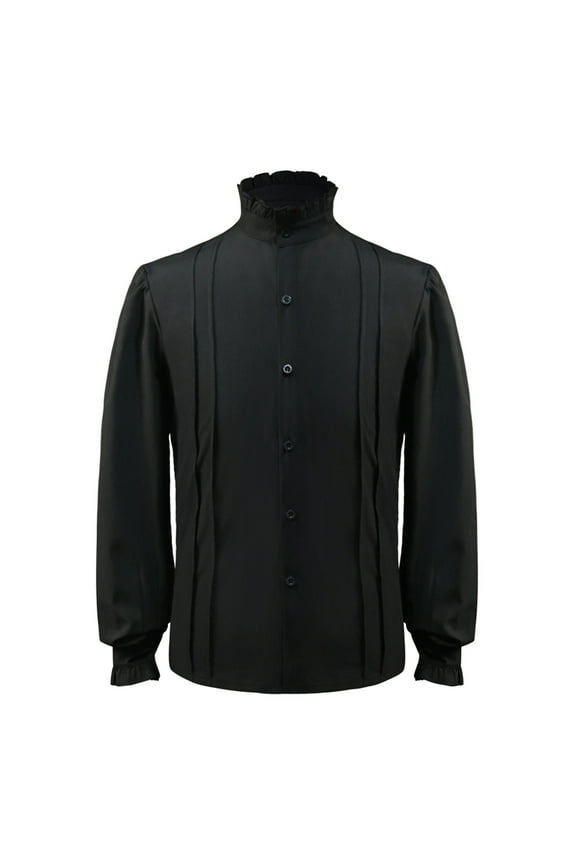Men Gothic Court Shirt Puff Sleeve Lace Stand Collar Ruffle Hem Long Sleeve Long Sleeve Shirts For Retro Style Black,L