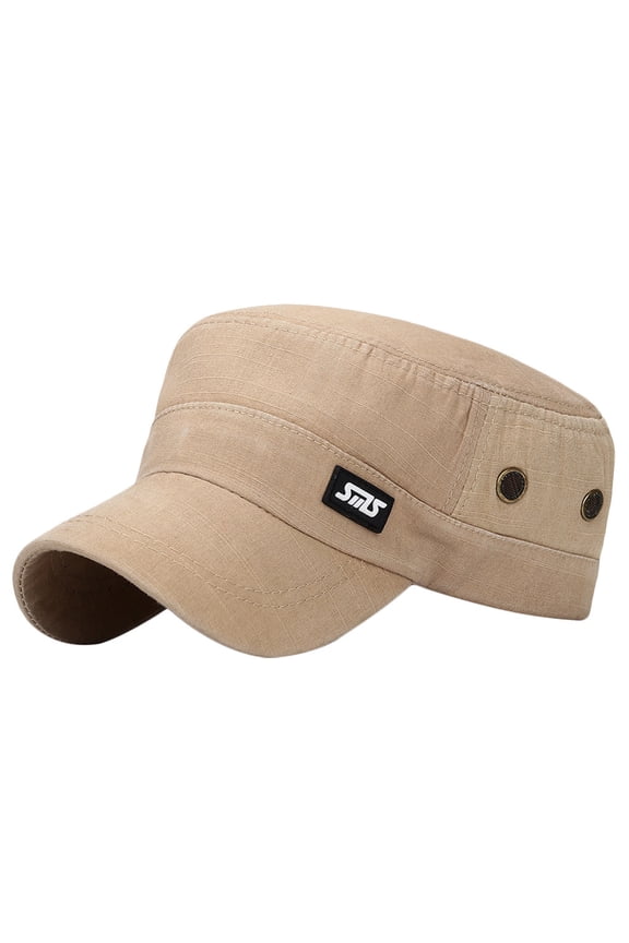 Men Leather Patch Flat Top Newsboy Style Hat Adjustable Sun Hat for Casual Outdoor Daily Wear Khaki
