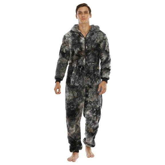 PMVFHDE Men Printed V Neck Hooded Jumpsuit Zipper Long Sleeve Romper Warm And Loose Sleepwear For Home Loungewear Black，XXL