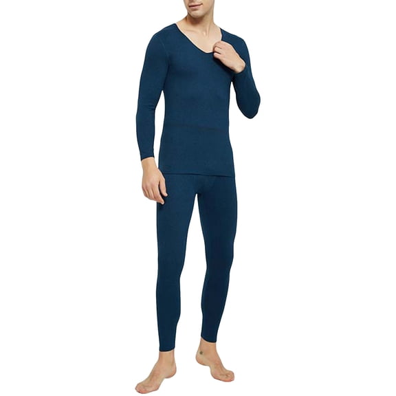 PMVFHDE Men Round Neck Pure Thermal Underwear Set Soft Lined Thick Mens Pajamas For Autumn And Winter Home Wear Navy,XXXXL