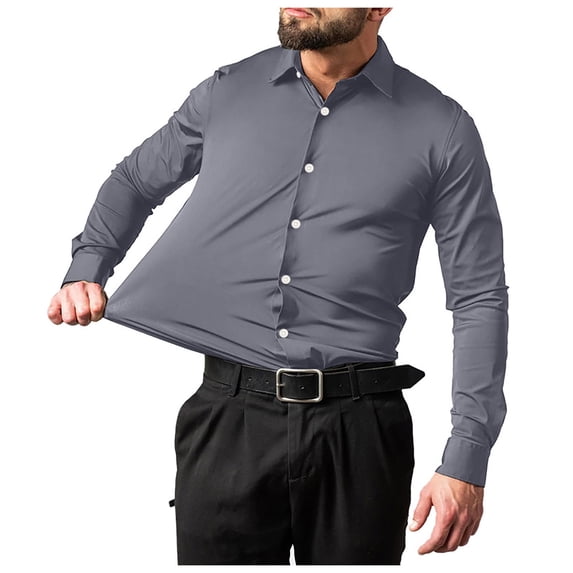 PMVFHDE Men Stretch Formal Shirt Solid Color Long Sleeve Business Casual Button Down Dress Shirts For Men Grey,XL