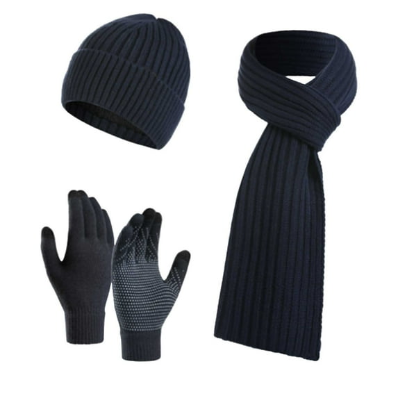PMVFHDE Men and Women Winter Daily Casual Versatile Solid Color Comfortable Soft Thickened Warm Scarf Hat Gloves Three-Piece Set Cold Weather Outdoor Activities Warm Set Navy