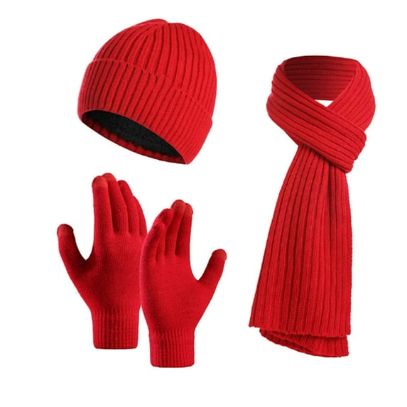 PMVFHDE Men and Women Winter Daily Casual Versatile Solid Color Comfortable Soft Thickened Warm Scarf Hat Gloves Three-Piece Set Cold Weather Outdoor Activities Warm Set Red
