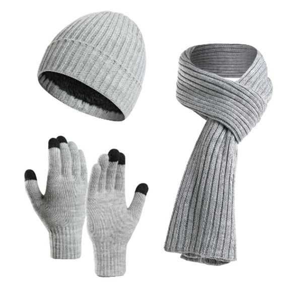 PMVFHDE Men and Women Winter Daily Casual Versatile Solid Color Comfortable Soft Thickened Warm Scarf Hat Gloves Three-Piece Set Cold Weather Outdoor Activities Warm Set Light Gray