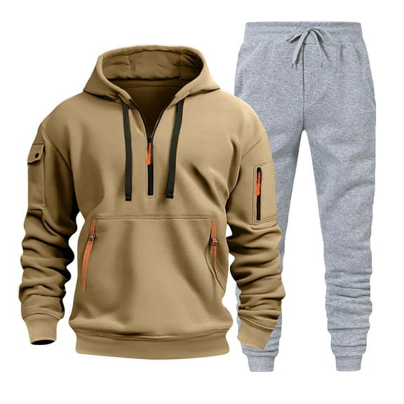 PMVFHDE Men's Autumn Two Piece Set Mens Sweatpants Set Sweat Suit Hooded Sweatshirt Light Gray Pants Casual Comfortable Solid Color Outfit Soft Breathable Warm Loose Fit