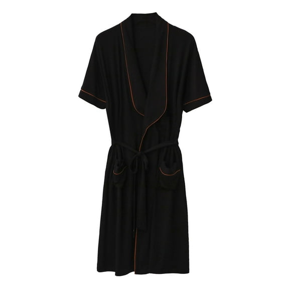 PMVFHDE Men's Casual Nightgown Solid Color Short Sleeve Half Waist Tie Robe Comfortable Mens Pajamas Home Wear Black，XXL