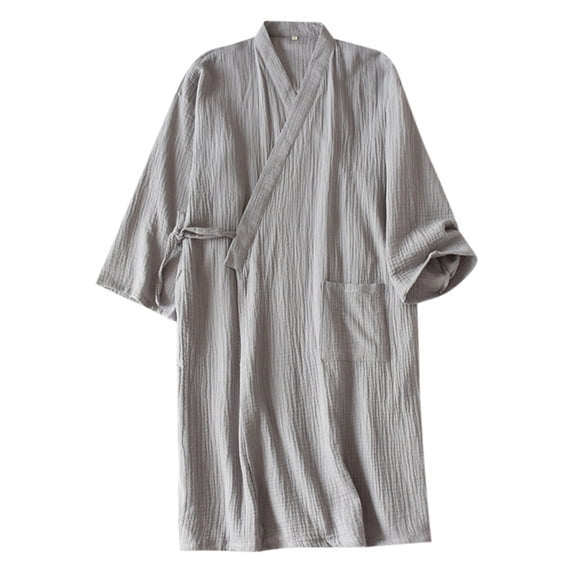 PMVFHDE Men's Crepe Robe Japanese Double Layer Lightweight Bathrobe Cotton Comfortable Mens Pajamas Home Wear For All Seasons Grey,M