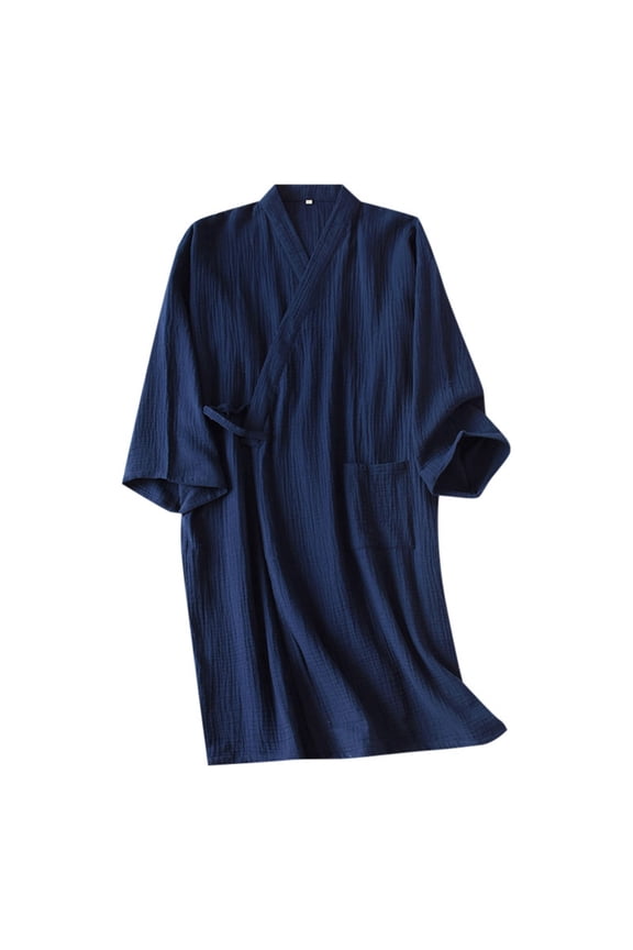 Men's Crepe Robe Japanese Double Layer Lightweight Bathrobe Cotton Comfortable Mens Pajamas Home Wear For All Seasons Navy，L