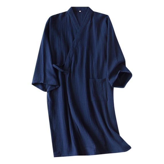 PMVFHDE Men's Crepe Robe Japanese Double Layer Lightweight Bathrobe Cotton Comfortable Mens Pajamas Home Wear For All Seasons Navy,M