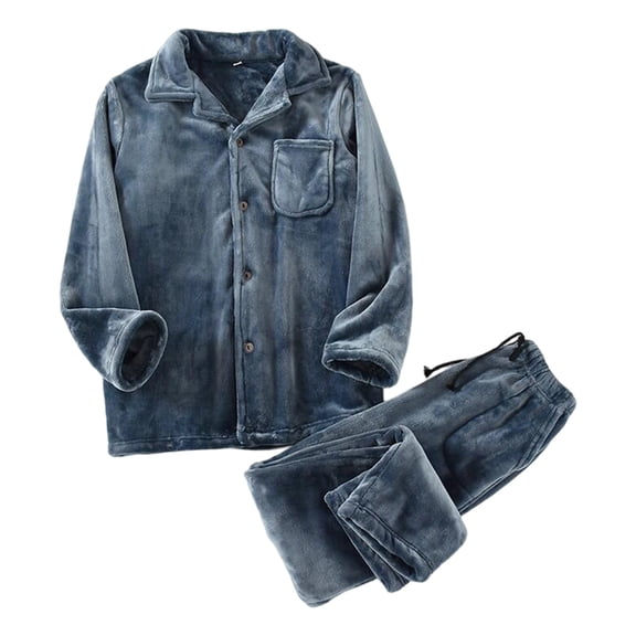 PMVFHDE Men's Flannel Pajama Set Winter Thermal Coral Soft Sleepwear Cozy Mens Pajamas Long Sleeve Home Comfort Wear Blue，L