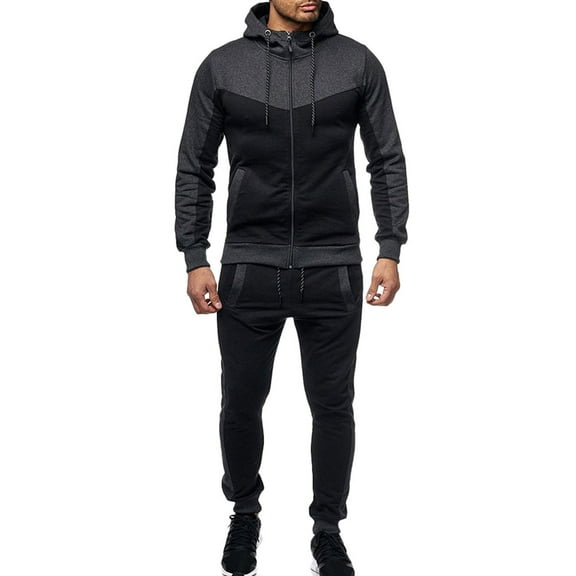PMVFHDE Men's Outdoor Sports Hooded Sweatshirt and Pants Set with Patch Pocket Zipper Long Sleeve for Streetwear Dark Gray,XXL