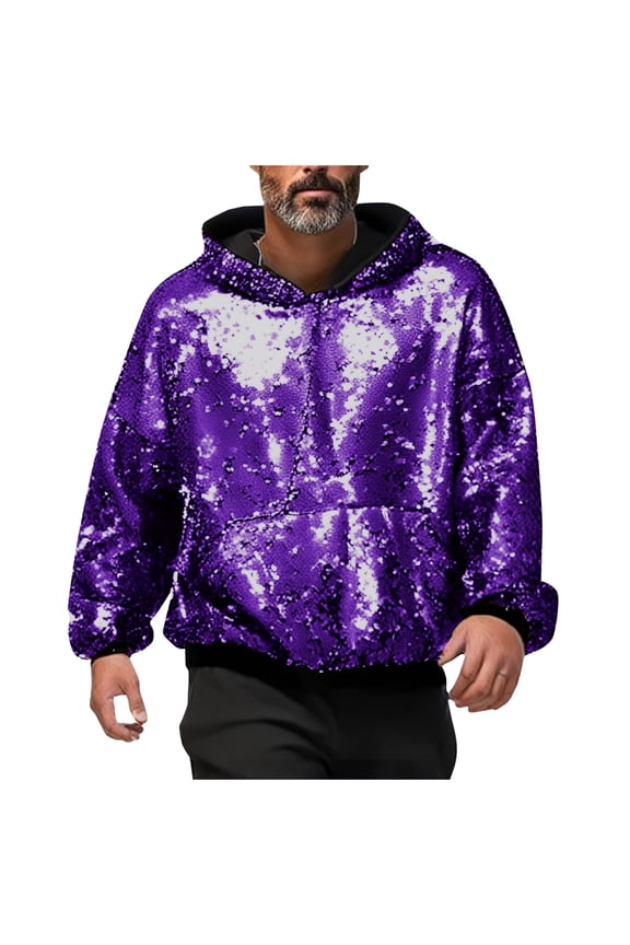 Men's Party Glitter Reverse Feature Stage Performance Hooded Sweatshirt for Special Events Purple,S
