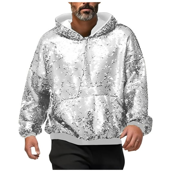 PMVFHDE Men's Party Glitter Reverse Feature Stage Performance Hooded Sweatshirt for Special Events Silver,XXXL