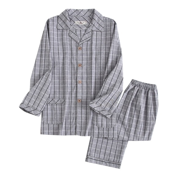 PMVFHDE Men's Plaid Pajama Cardigan Long Sleeve Cotton Casual Comfortable Mens Pajamas Home Wear Top Grey，XL
