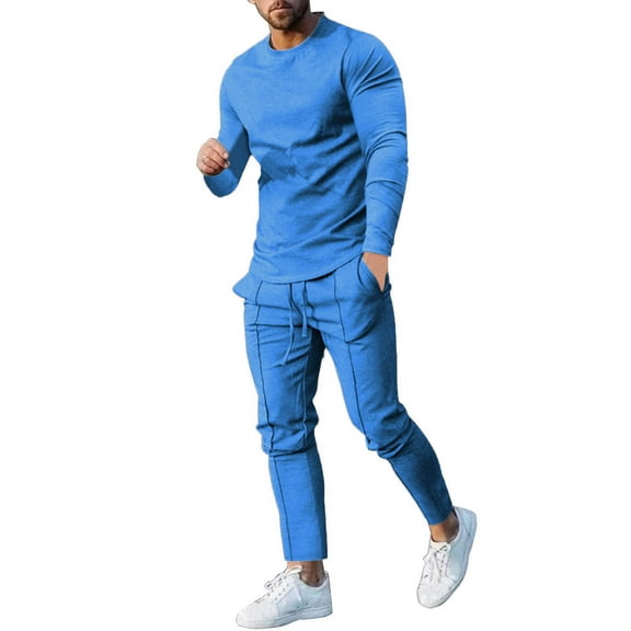 PMVFHDE Men's Solid Two Piece Set Mens Loungewear Sets Sweat Set Round Neck Long Sleeve T-Shirt Drawstring Pocket Pants Sportswear Soft Comfortable Breathable Daily Leisure Outfit