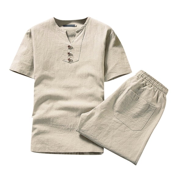 PMVFHDE Men‘s Summer Casual Set Mens Leisure Suits Sweat Suit Linen Short Sleeve Button Down T-Shirt And Pants Loose Fit Solid Color Soft Breathable Lightweight Leisure Wear