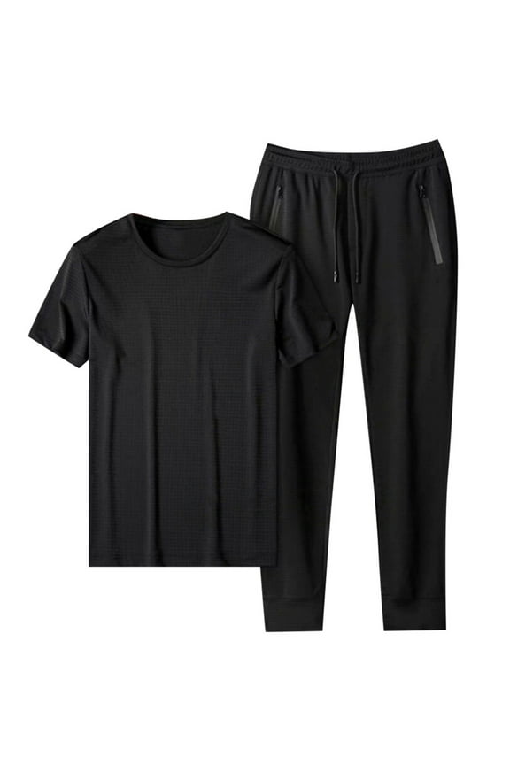 Men‘s Summer Running Set Workout Set For Men Gym Outfits For Men Sport Short Sleeve T-Shirt And Jogger Pants Breathable Mesh Casual Athletic Soft Lightweight Daily Sports Wear