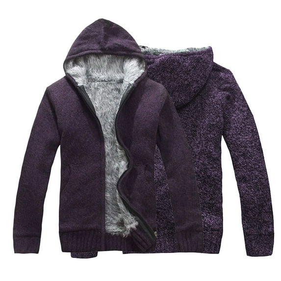 PMVFHDE Men's Winter Daily Solid Color Heavyweight Warm Knit Hooded Sweater Jacket Purple,XL