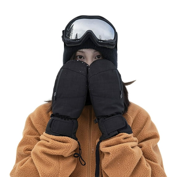 PMVFHDE Men's Winter Outdoor Ski Mittens Thick Waterproof Zipper Warm Gloves, Unisex Cold Weather Guard Black,L