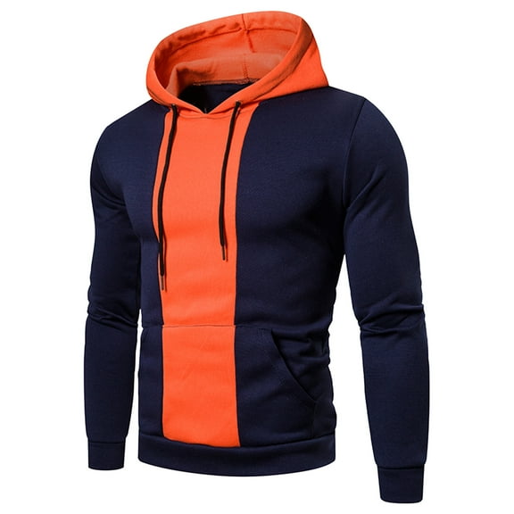 PMVFHDE Men's Winter Soft Comfort Color Block Long Sleeve Pocket Warm Hooded Sweatshirt Pullover Navy,XXL