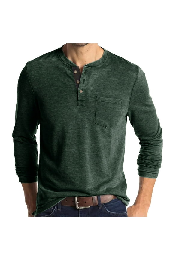 Mens Dress Shirts Style Spring Autumn Button Round Neck Solid Color Long Sleeve Pocket Detail Bottoming Shirt