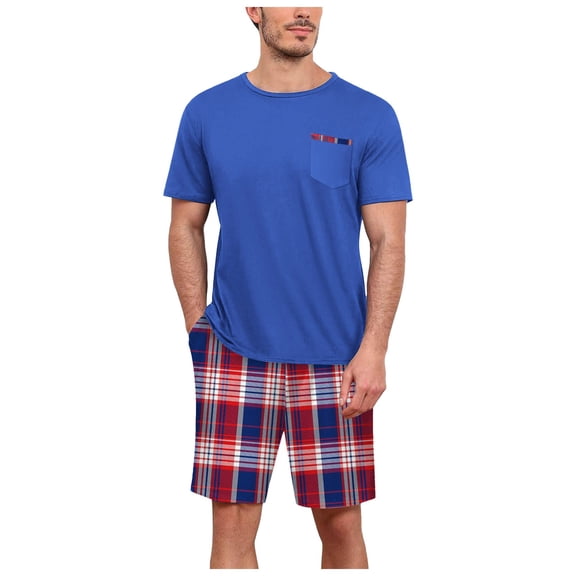 PMVFHDE Mens Pajama Shorts Set Round Neck Short Sleeve Plaid Shorts With Chest Pocket Two Piece T Shirt Home Wear For Summer Red，M