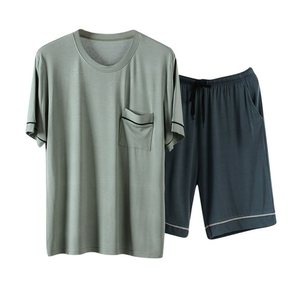 PMVFHDE Mens Pajama Shorts Set Solid Color Casual Loose Short Sleeve And Shorts Home Wear Two Piece For Everyday Green,L