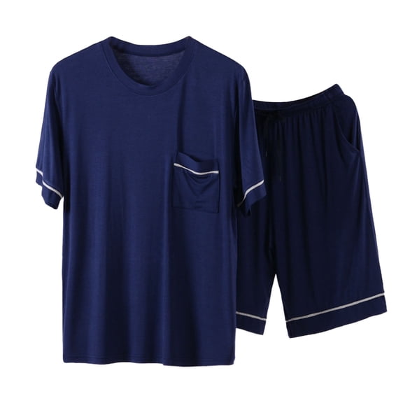 PMVFHDE Mens Pajama Shorts Set Solid Color Casual Loose Short Sleeve And Shorts Home Wear Two Piece For Everyday Navy，XXXXL