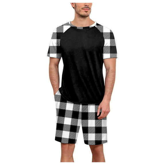 PMVFHDE Mens Pajamas Set Plaid Color Matching Leisure Fashion Soft Home Clothes Two Piece Suit For Loungewear Black，M