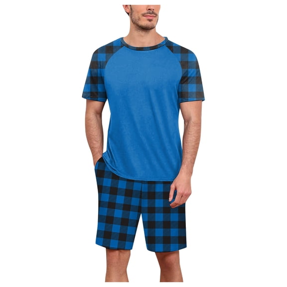PMVFHDE Mens Pajamas Set Plaid Color Matching Leisure Fashion Soft Home Clothes Two Piece Suit For Loungewear Blue，M