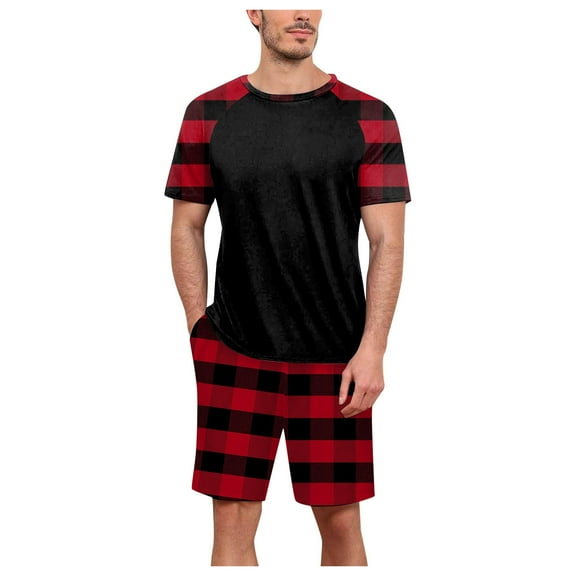 PMVFHDE Mens Pajamas Set Plaid Color Matching Leisure Fashion Soft Home Clothes Two Piece Suit For Loungewear Red，M