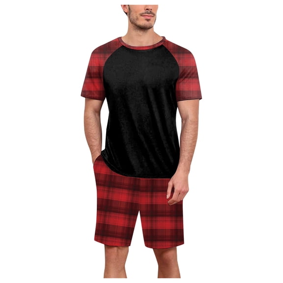 PMVFHDE Mens Pajamas Set Plaid Color Matching Leisure Fashion Soft Home Clothes Two Piece Suit For Loungewear Wine,M
