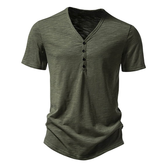 PMVFHDE Mens T Shirts Fashion Basic V Neck 4 Button Placket Slub Cotton Short Sleeve Casual Blouse Comfortable Summer Top
