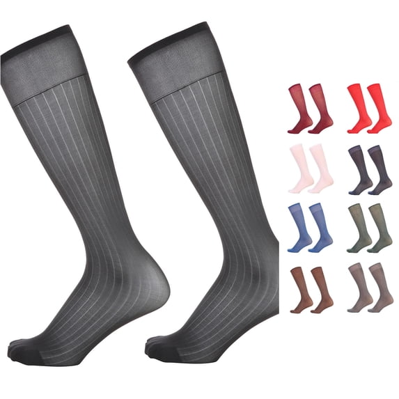 PMVFHDE Mens Thin Silk Striped Sheer Dress Socks Summer Mid Calf Breathable Nylon Casual Hosiery Lightweight Comfort Fit, Black, One Size