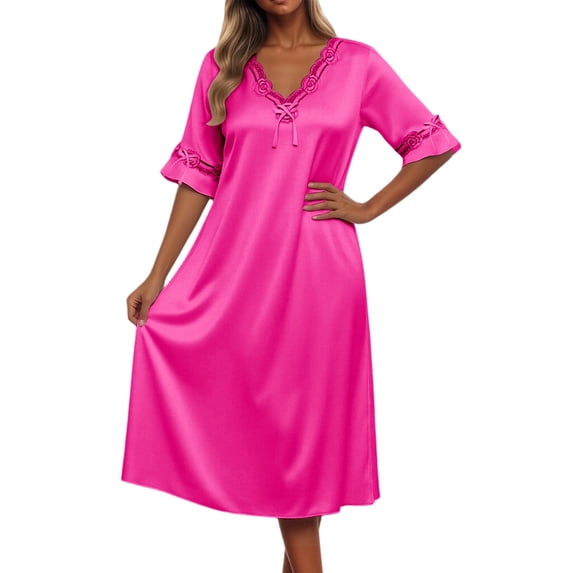 PMVFHDE Night Gowns for Women Solid Color Silk Short Sleeve Mid Length Loose Lace Sleeve Sleep Dress