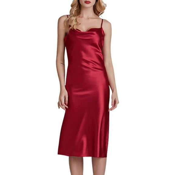 PMVFHDE Nightgowns For Women Elegant Thin Strap Silk Nightgown Sleepwear Suitable For Summer And Outside Wear With Draped Neckline Red,XL