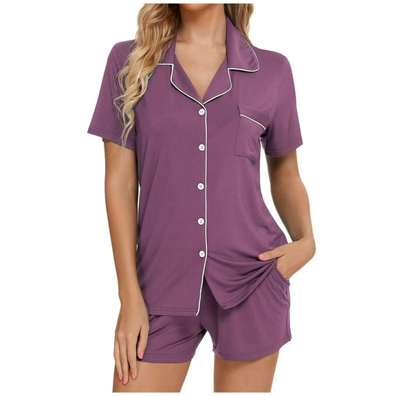 PMVFHDE Pajamas For Women Set Summer Thin Short Sleeve Button Down Nightwear Shorts Soft Home Wear Sets Can Be Worn Outside Purple,XXL