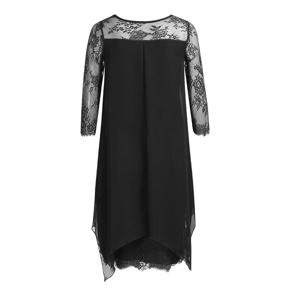 PMVFHDE Plus Size Dresses Chiffon Dress With Lace Detail Three Quarter Sleeve Loose Fit Black，XXXL